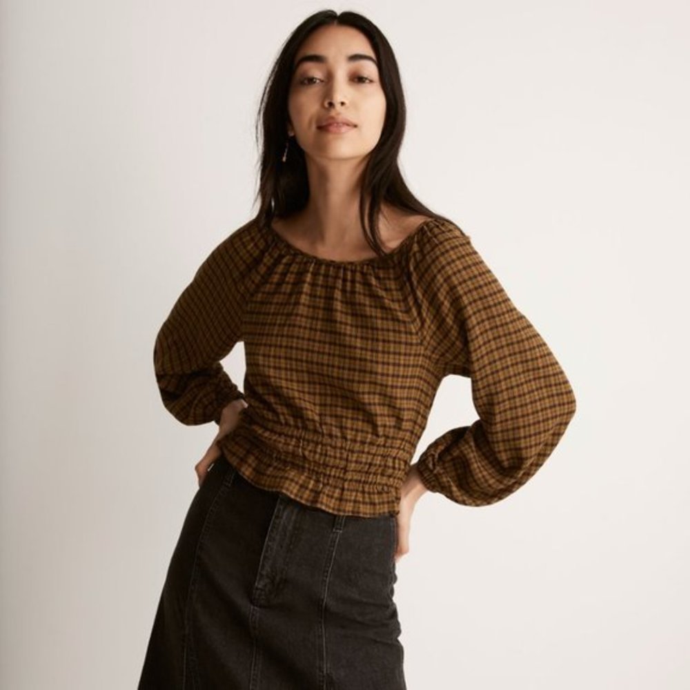 Madewell‎ Sz L Open Tie-Back Long Sleeve Smocked Peasant Top Olive Green Plaid